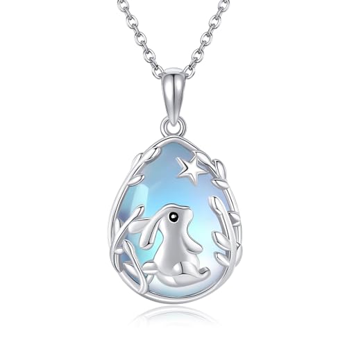 ONEFINITY Hase Halskette Sterling Silber Kaninchen Halskette Hase Anhänger Mondstein Halskette Osterhase Schmuck Geschenke für Frauen von ONEFINITY