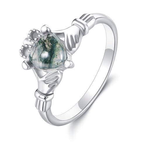 ONEFINITY Claddagh Ring aus 925er Sterlingsilber Irischer Claddagh Ring mit Herz Moosachat Irischer Schmuck für Frauen(8) von ONEFINITY