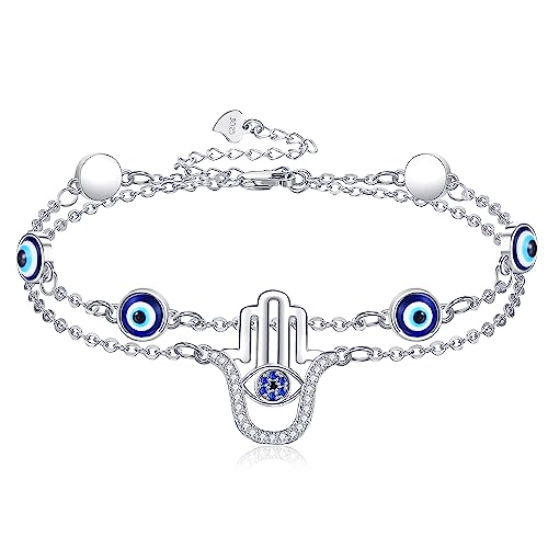 ONEFINITY Hand der Fatima Fußkettchen 925 Sterlingsilber Böser Blick Doppellagig Blaues Teufelsauge Fußkettchen Hand der Fatima Sommer Fußkette Schmuck Geschenk für Frauen Teenager Mädchen von ONEFINITY