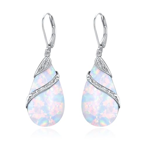ONEFINITY Filigrane Ohrringe mit Weißem Opal 925 Sterling Silber Filigrane Leverback Ohrhänger Weißer Opal Schmuck Geschenke für Damen von ONEFINITY