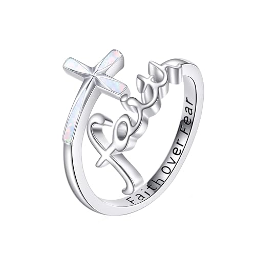 ONEFINITY Glaube Kreuz Ringe Einstellbare Sterling Silber Opal Glaube über Angst Kreuz Ringe Christlichen Religiösen Schmuck Geschenke Für Damen Herren von ONEFINITY