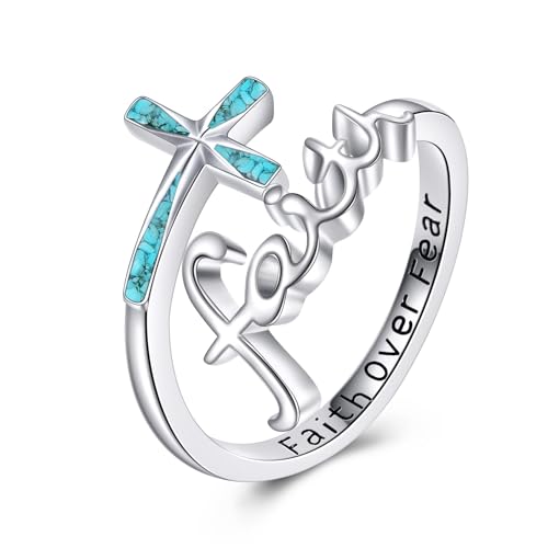 ONEFINITY Glaube Kreuz Ringe Einstellbare Sterling Silber Türkis Glaube über Angst Kreuz Ringe Christlichen Religiösen Schmuck Geschenke Für Damen Herren Silber von ONEFINITY