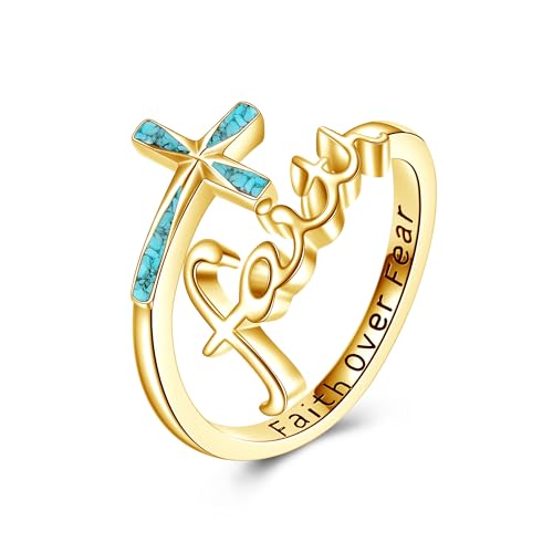 ONEFINITY Glaubens Ring Sterling Silber Türkis Glaube über Angst Kreuz Ringe Christlichen Religiösen Schmuck Geschenke Für Damen Herren von ONEFINITY