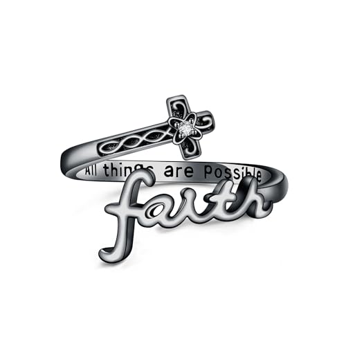 ONEFINITY Glaubens Ring aus 925er Sterlingsilber Kreuz Glaubensring Verstellbarer Löffel Glaubensringe Christliche Ringe Schmuck Geschenk für Frauen Mädchen Tochter Freundin-Schwarz von ONEFINITY