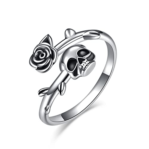 ONEFINITY Gothic Skull Ring Open Wrap Rose Flower Skeleton Statement Ring Sterling Silber Retro Vintage Cocktail Party Punk Schmuck für Damen Herren von ONEFINITY