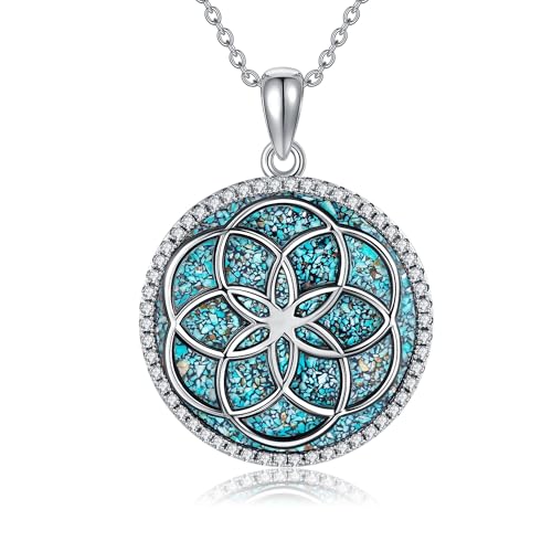 ONEFINITY Halskette Mit Blume Des Lebens 925er Sterlingsilber Türkisfarbene Halskette Mit Anhänger Blume Des Lebens Heilige Geometrie Kreis Mandala-Schmuck Für Frauen von ONEFINITY