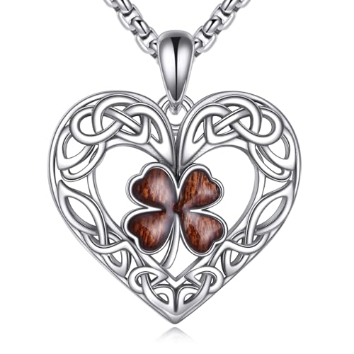 ONEFINITY Holz-Kleeblatt-Halskette Sterlingsilber Holz-Vierblättriges Kleeblatt Shamrock-Anhänger-Halsketten Keltischer Knoten Irischer Schmuck Saint Patricks Geschenke für Frauen von ONEFINITY