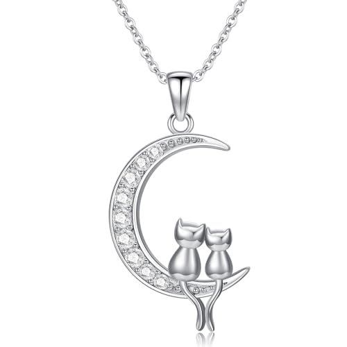 ONEFINITY Katze Halskette Sterling Silber Katze Mit Mädchen Halskette Moont Schmuck Katze Geschenk Für Frauen Und Katzenliebhaber von ONEFINITY