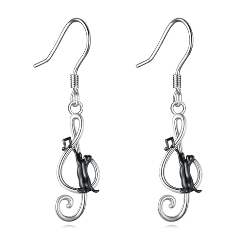 ONEFINITY Katze Ohrringe 925 Sterling Silber Musik Note Dangle Ohrringe Schwarz Katze Schmuck Geschenke für Damen von ONEFINITY
