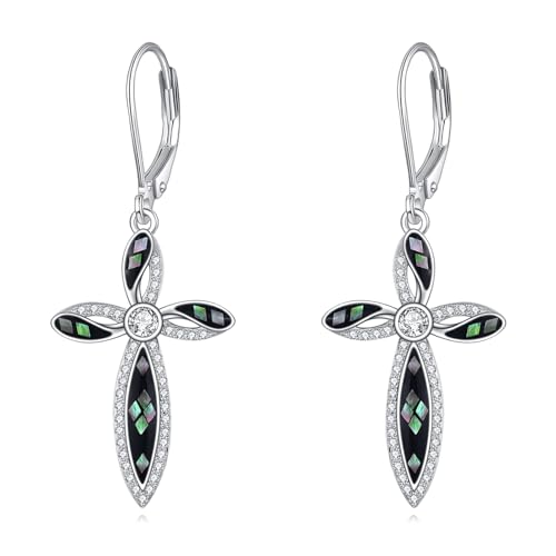 ONEFINITY Kreuz Ohrring 925 Sterling Silber Abalone Shell Cross Dangle Drop Ohrringe Kreuz Schmuck Geschenke für Frauen Mädchen von ONEFINITY