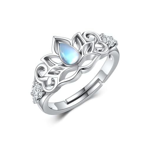ONEFINITY Lotus Ring 925 Sterling Silber Verstellbare Ringe Mondstein Lotus Blume Schmuck Geschenke für Damen von ONEFINITY