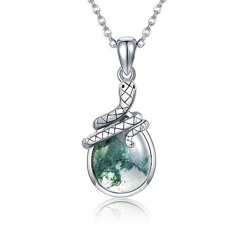 ONEFINITY Natürliche Moss Achat Schlangenhalskette 925 Sterlingsilber Grünes Edelstein Schlangenanhänger Schmuck für Frauen von ONEFINITY