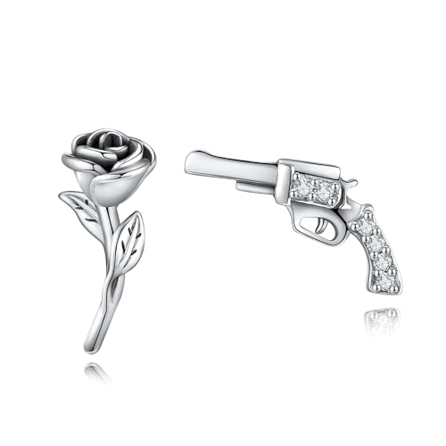 ONEFINITY Gun Und Rose Ohrringe 925 Sterling Silber Rose Blume Ohrstecker Waffe Pistole Ohrringe Punk Schmuck Für Damen (gun and rose 1) von ONEFINITY