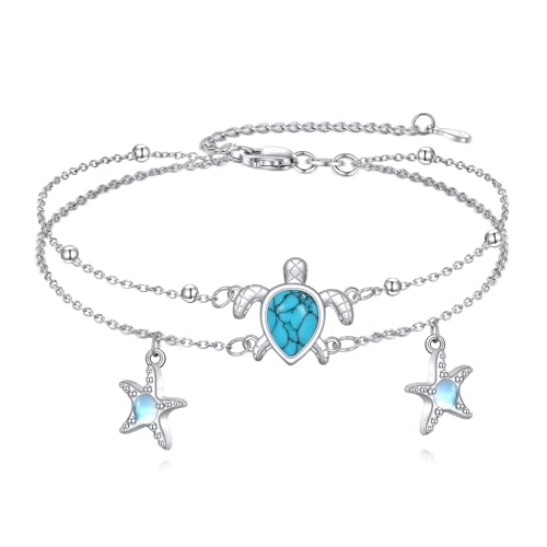 ONEFINITY Schildkröte Perlenschicht Fußkettchen 925 Sterling Silber Türkis Meeresschildkröte Fußkettchen Ozean Sommer Seestern Schmuck für Frauen von ONEFINITY