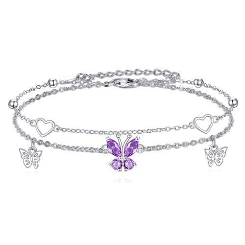 ONEFINITY Schmetterling Fußkettchen 925 Sterling Silber Schmetterling Fußkettchen Doppelschicht Fußkette Sommerschmuck Geschenk für Frau Frauen von ONEFINITY