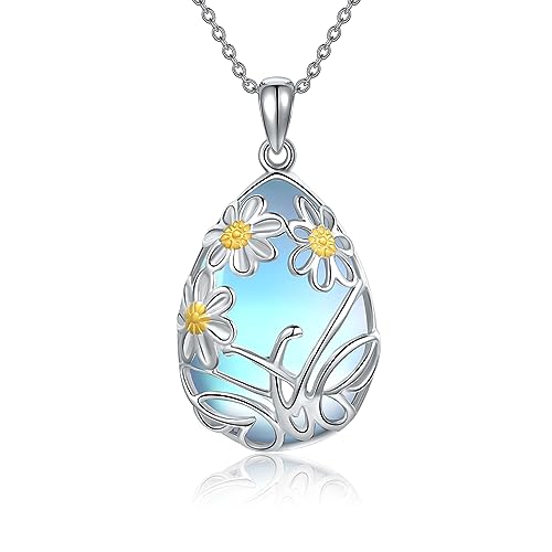 ONEFINITY Schmetterling Gänseblümchen Kette 925 Sterling Silber Gänseblümchen Und Schmetterling Mondstein-Anhänger Halskette Schmetterling Schmuck Geschenk Für Damen von ONEFINITY