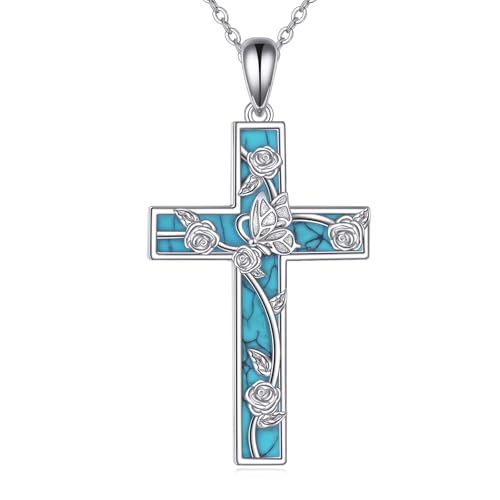 ONEFINITY Schmetterlings Kette 925 Sterlingsilber Türkisfarbenem Kreuz Anhänger Halskette Schmetterlings Schmuck Geschenke für Damen von ONEFINITY