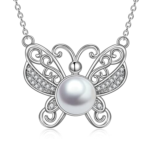 ONEFINITY Schmetterlings Perlenkette Sterling Silber Simulierte Perle Elegantes Schmuck Geschenk für Frauen und Mädchen von ONEFINITY