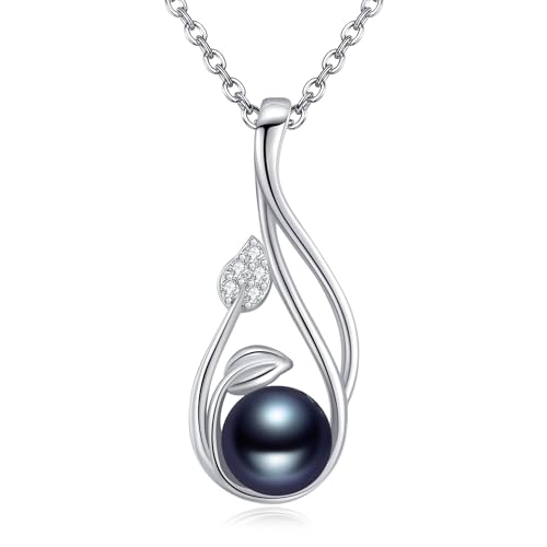 ONEFINITY Schwarze Perlenkette 925er Sterlingsilber Blatt Anhänger aus schwarzen Perlen Halskette mit Unendlichkeitsperlen Schmuck für Frauen von ONEFINITY