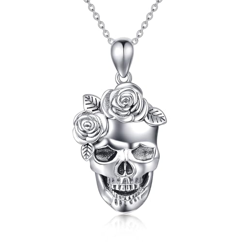 ONEFINITY Totenkopf Halskette aus Sterlingsilber Gothic Halskette mit Rosen Totenkopf Anhänger Totenkopf Halloween Schmuck für Frauen von ONEFINITY