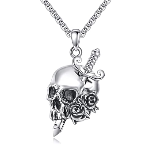 ONEFINITY Totenkopf Kette 925 Sterling Silber Totenkopf Und Rose Anhänger Totenkopf Mit Messer Schmuck Geschenk Für Damen Herren von ONEFINITY