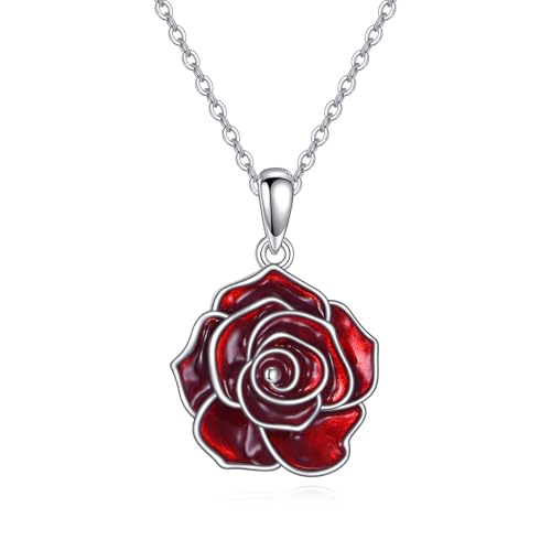 ONEFINTIY Rote Rose Kette 925 Sterling Silber Rote Blume Anhänger Emaille Rose Blume Schmuck Geschenke Für Damen (Rose) von ONEFINITY