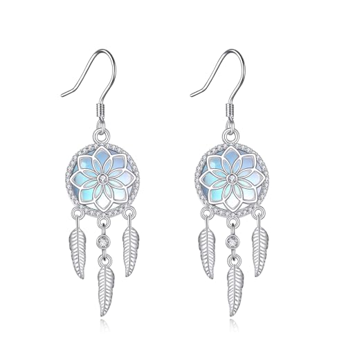 ONEFINTY Traumfänger Ohrringe 925 Sterling Silber Traumfänger baumeln Ohrringe mit Mondstein Feder Ohrringe für Damen von ONEFINITY