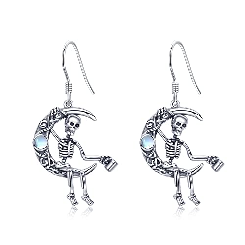 Skelett-Totenkopf-Ohrringe, baumelnde Sterlingsilber-Mondstein-Gothic-Ohrringe, Weihnachtsschmuck für Frauen von ONEFINITY
