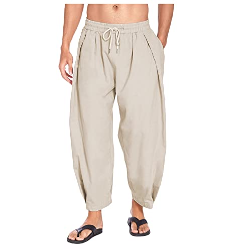 ONEGOIN Herren Baumwoll Leinenhose Leichte lose elastische Taille Yoga Hosen Leinenhosen Herren Freizeithose Lang Leichte Sommerhose Strandhose Lässige mit Seitentaschen Capri Hosen von ONEGOIN