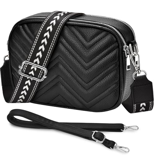 ONEKERUN Crossbody Bag Damen PU Leder, Damen-Umhängetaschen Moderne Taschen Mit Breitem Schultergurt Kleine Tasche Handtasche Mit 4 Taschen und 4 Kartenfächern,Schwarz von ONEKERUN