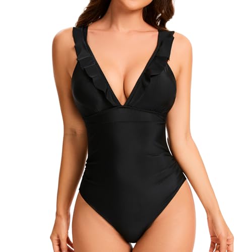 ONEW Badeanzug Damen Rüschen V Ausschnitt Schwimmanzug Bauchweg Einteilige Bademode Swimsuit Monokinis mit Abnehmbarer Brustsgepolstern Schwarz S von ONEW