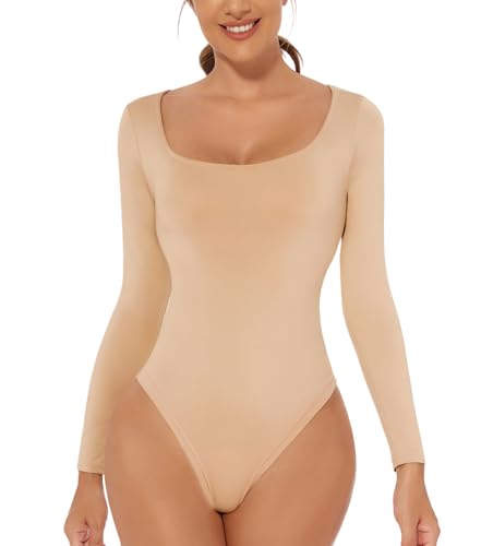 ONEW Damen Langarm Body Eckiger Ausschnitt Bodysuit Oberteil Basic Square Neck Unterziehbody Shirt für Frauen Beige M von ONEW