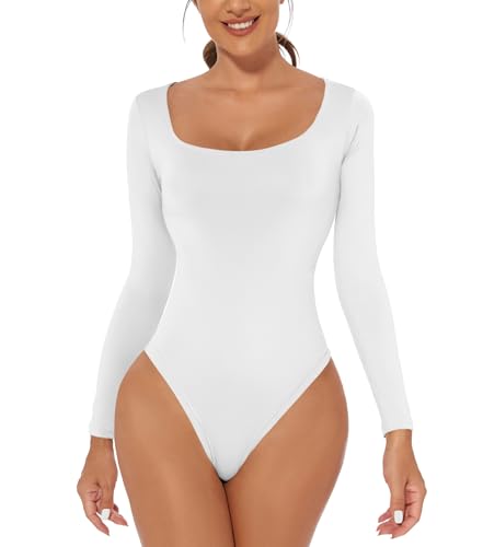 ONEW Damen Langarm Body Eckiger Ausschnitt Bodysuit Oberteil Basic Square Neck Unterziehbody Shirt für Frauen Weiß L von ONEW