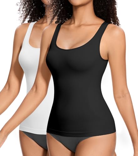 ONEW Damen Slimfit Unterhemd Bequeme Bauchweg Shapewear Tank Top Formende Kompressions Trägertop Komfortable Body Shaper Schwarz+Weiß S von ONEW
