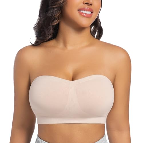 ONEW Damen Trägerloser Bandeau BH ohne Bügel Nahtlose Tube Top Soft Bra Sommer Ärmellos Crop Top mit Transparenten Trägern Beige L von ONEW