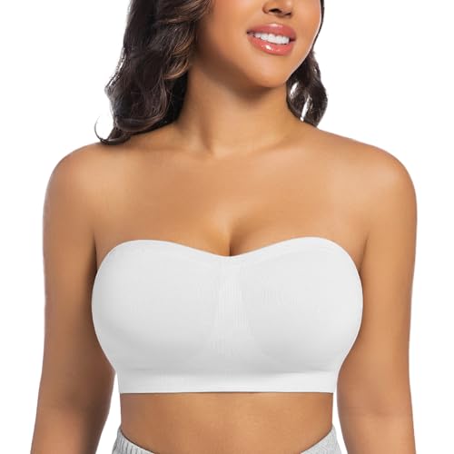 ONEW Damen Trägerloser Bandeau BH ohne Bügel Nahtlose Tube Top Soft Bra Sommer Ärmellos Crop Top mit Transparenten Trägern Weiß XL von ONEW
