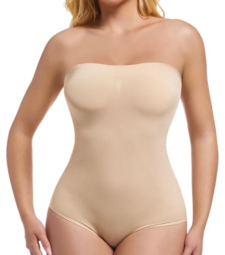 ONEW Damen Trägerloser Bandeau Shapewear Body Cami Bodysuit Top mit Abnehmbarer Trägern Bauchweg Miederbody Waist Trainer Body Shaper. Beige. XXL von ONEW