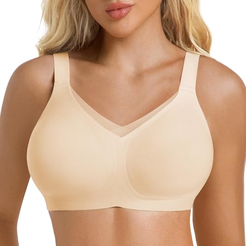 ONEW Gepolsterter BH Damen ohne Buegel Unterstützende Push Up Softcup Bra Bequeme Bügelloser Padded Bralette Starker Halt Mesh V-Ausschnitt Bustiers Top im Alltag Beige L von ONEW