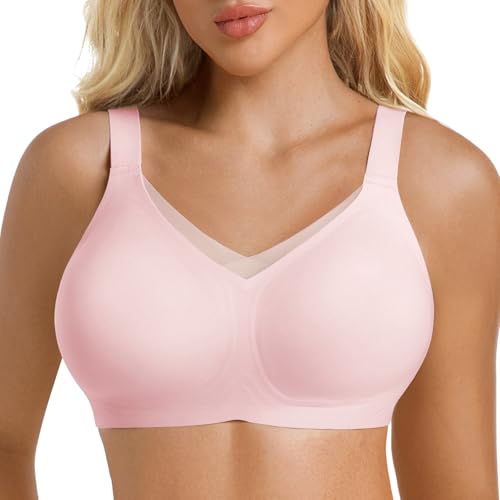 ONEW Gepolsterter BH Damen ohne Buegel Unterstützende Push Up Softcup Bra Bequeme Bügelloser Padded Bralette Starker Halt Mesh V-Ausschnitt Bustiers Top im Alltag Rosa XL von ONEW