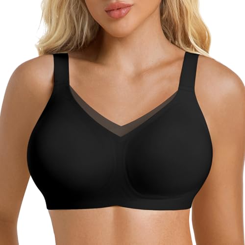 ONEW Gepolsterter BH Damen ohne Buegel Unterstützende Push Up Softcup Bra Bequeme Bügelloser Padded Bralette Starker Halt Mesh V-Ausschnitt Bustiers Top im Alltag Schwarz L von ONEW