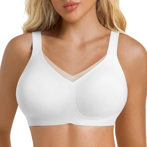 ONEW Gepolsterter BH Damen ohne Buegel Unterstützende Push Up Softcup Bra Bequeme Bügelloser Padded Bralette Starker Halt Mesh V-Ausschnitt Bustiers Top im Alltag Weiß M von ONEW