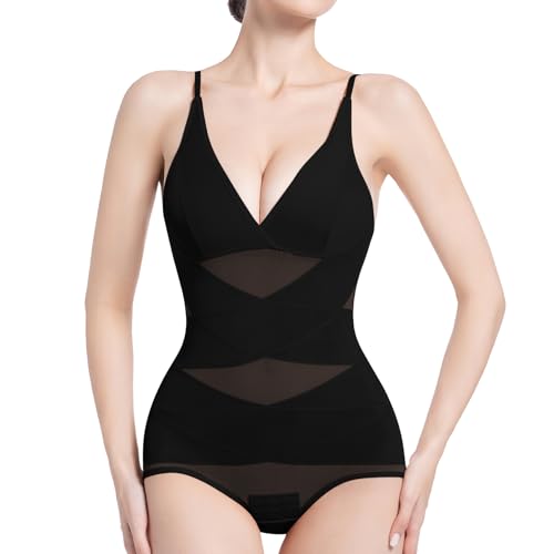 ONEW Shapewear Body Damen Bauchweg Body Shaper Taillen Trainer Miederbody V-Ausschnitt Figurformende Bodysuit Mesh Camisole Spaghettiträger Tops Schwarz 2XL von ONEW
