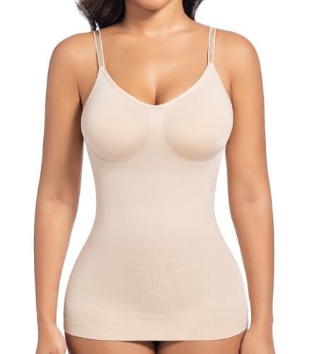ONEW Shapewear Unterhemd Damen Bauchweg Formende Camisole Vest Top Brustsstützung Kompressions Oberteile Taillentrainer Body Shaper Nahtlose Shaping Trägertop mit Spaghettiträger, Beige, XL von ONEW