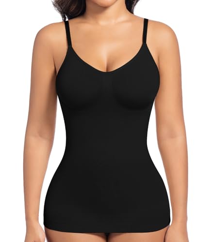 ONEW Shapewear Unterhemd Damen Bauchweg Formende Camisole Vest Top Brustsstützung Kompressions Oberteile Taillentrainer Body Shaper Nahtlose Shaping Trägertop mit Spaghettiträger Schwarz M von ONEW