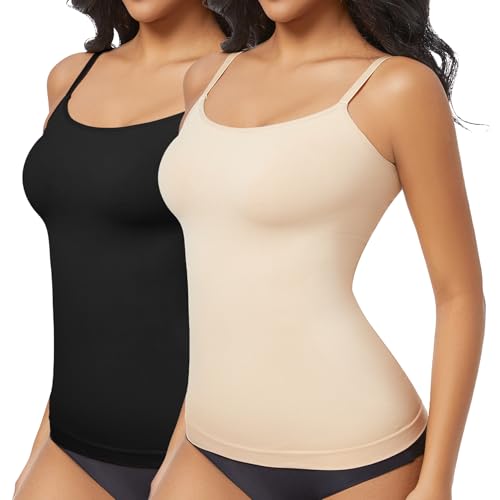 ONEW Shapewear Unterhemd Damen Bauchweg Formende Oberteile mit Spaghettiträger Kompressions Trägertop Taillentrainer Body Shaper Nahtlose Shaping Camisole Vest Top 2 Pack(Schwarz+Beige) S von ONEW