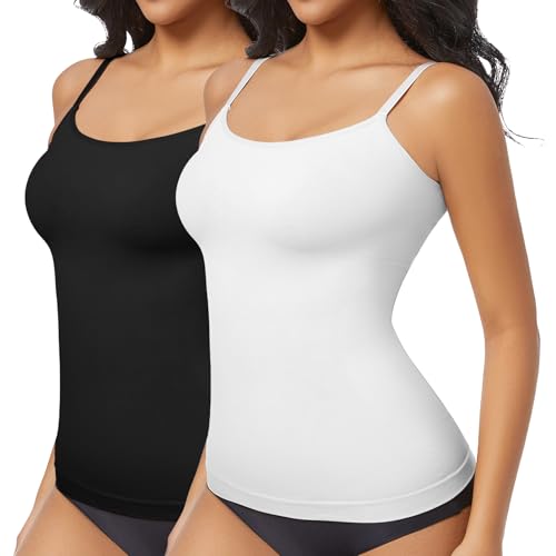 ONEW Shapewear Unterhemd Damen Bauchweg Formende Oberteile mit Spaghettiträger Kompressions Trägertop Taillentrainer Body Shaper Nahtlose Shaping Camisole Vest Top 2 Pack(Schwarz+Weiß L von ONEW