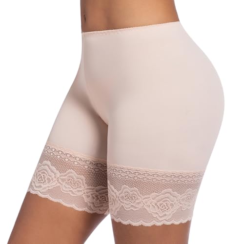 ONEW Unterhosen Damen Unter Rock Kurze Hose Anti Scheuer Radlerhose für Kleid Anti Chafing Spitzen Slip Shorts Atmungsaktive Panty Unterwäsche, Beige, XL von ONEW