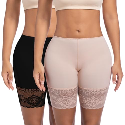 ONEW Unterhosen Damen Unter Rock Kurze Hose Anti Scheuer Radlerhose für Kleid Anti Chafing Spitzen Slip Shorts Atmungsaktive Panty Unterwäsche 2 Pack(Schwarz+Beige) XL von ONEW