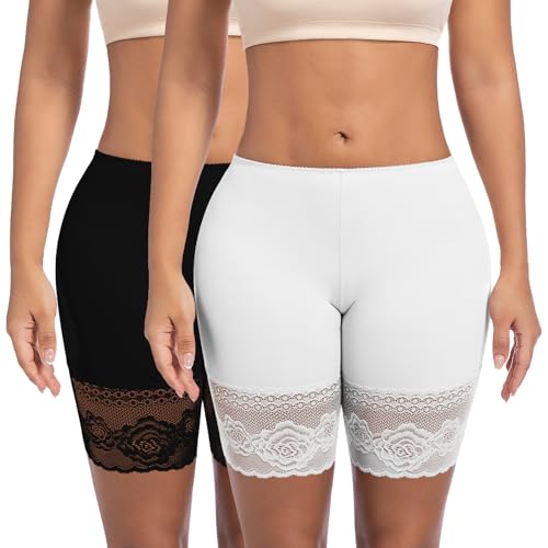 ONEW Unterhosen Damen Unter Rock Kurze Hose Anti Scheuer Radlerhose für Kleid Anti Chafing Spitzen Slip Shorts Atmungsaktive Panty Unterwäsche 2 Pack(Schwarz+Weiß) M von ONEW