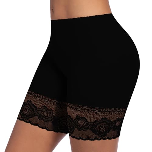 ONEW Unterhosen Damen Unter Rock Kurze Hose Anti Scheuer Radlerhose für Kleid Anti Chafing Spitzen Slip Shorts Atmungsaktive Panty Unterwäsche Schwarz S von ONEW
